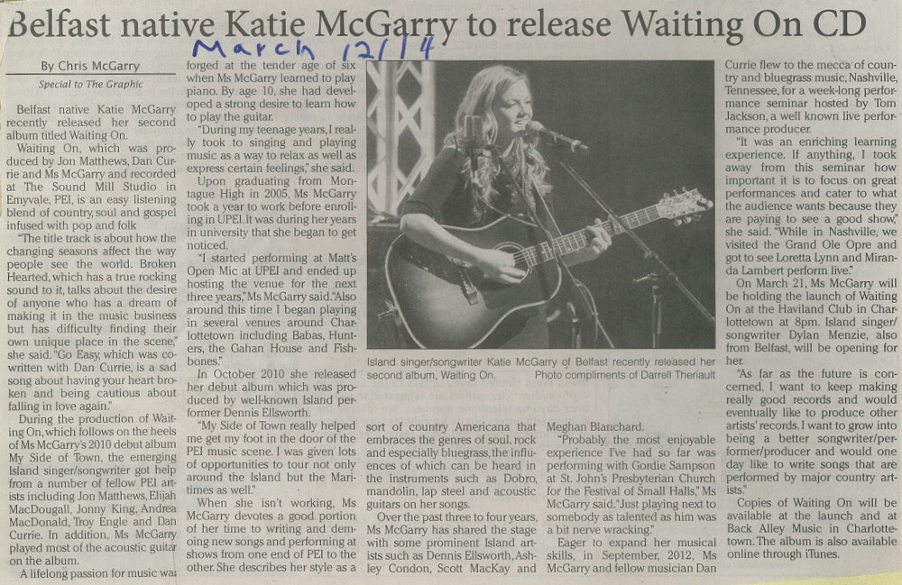 Belfast native Katie McGarry to release Waiting On CD